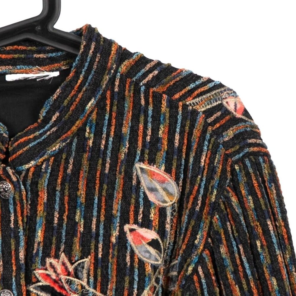 Floral Tapestry Jacket XL Striped Mandarin Collar Applique Boho Lagenlook Black - Picture 2 of 7
